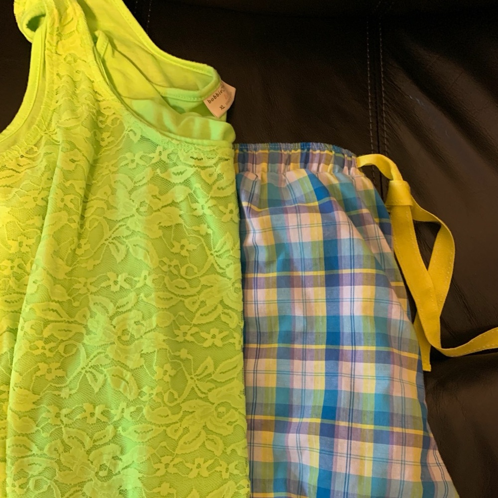 Neon. Lace front tank with neon blue plaid shorts